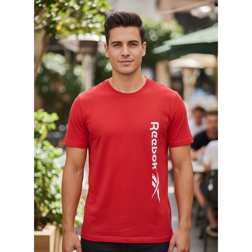 Reebok Mens XL Red Graphic T-Shirt Short Sleeve Vertical Logo Crew Neck Tee